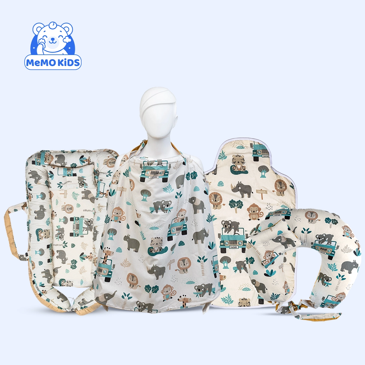 طقم رضاعة ونوم للبيبي (مخدة + ساتر + سرير + مشمع تغيير) تصميم حيوانات لون بيج